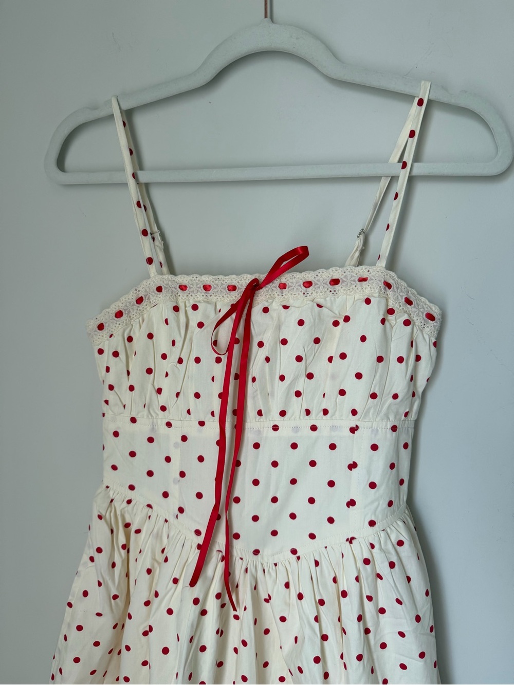 Cream red polka dot cotton spaghetti strap Midi Sundress - Picture 2 of 8